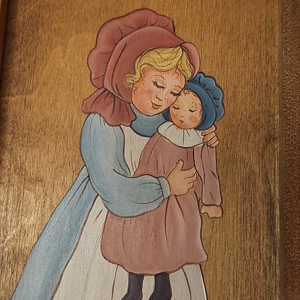 Beautiful Vintage Handpainted Prairie Girl+Doll Wooden Keepsake Box, Sliding Lid